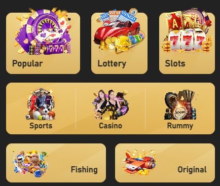 BDG Game categories menu with gold tiles for Popular, Lottery, Slots, Sports, Casino, Rummy, Fishing and Original