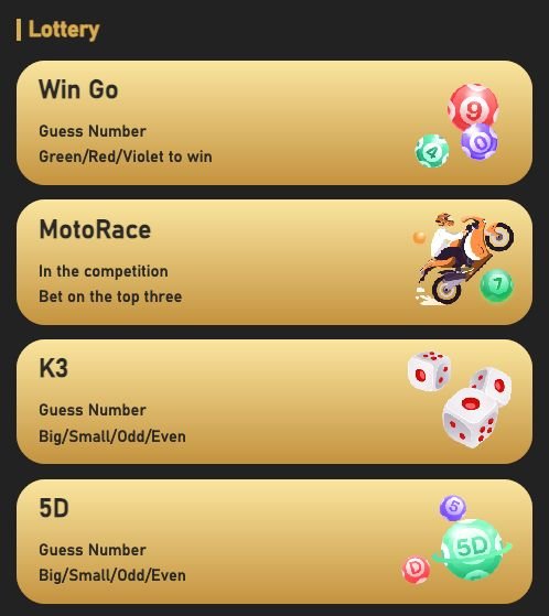 BDG Game Lottery menu with Win Go, MotoRace, K3 and 5D